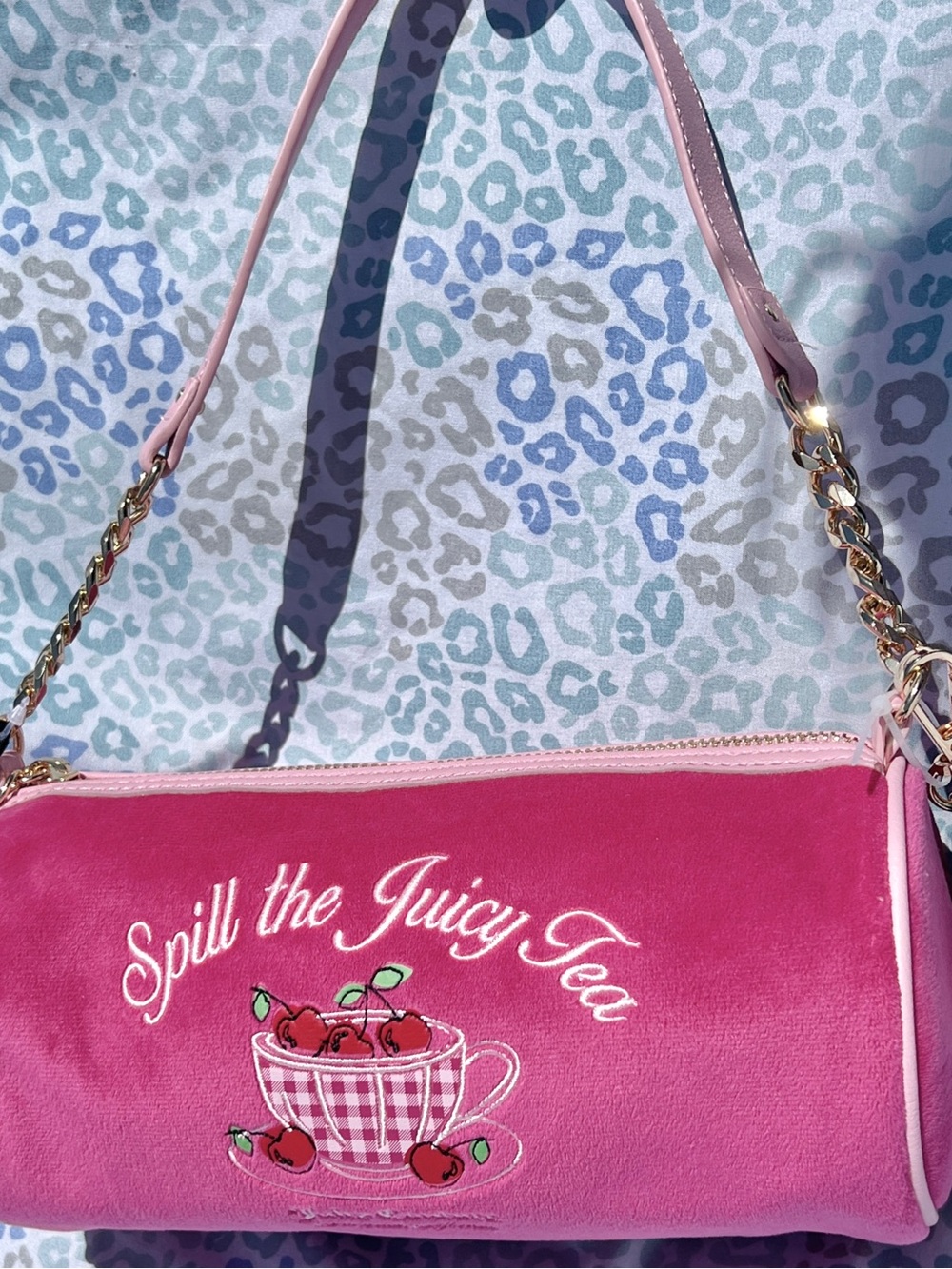 New Pink Juicy Couture Purse Barrel Bag Handbag Velour Spill the Juicy Tea